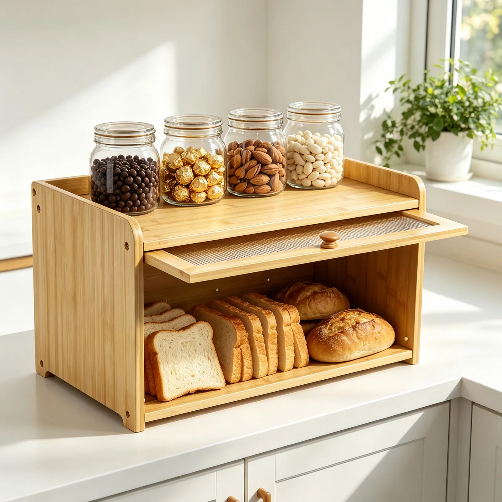 Natural Bamboo Bread Storage Box with Clear Door