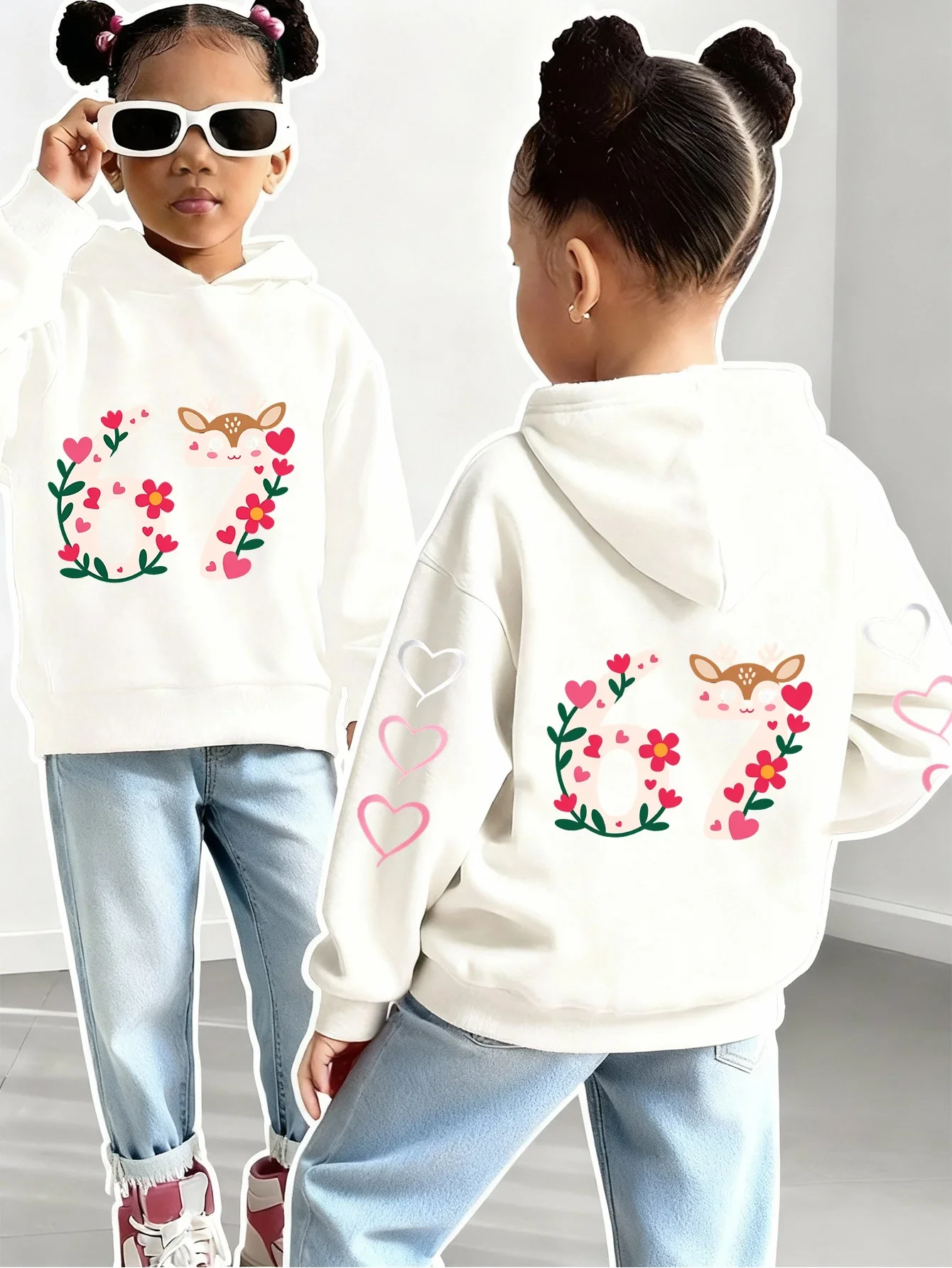 Kids Number 67 Deer Hoodie Cute Animal Graphic Print Heart Flower Sweatshirt Boys Girls Korean Style Streetwear Spring Autumn