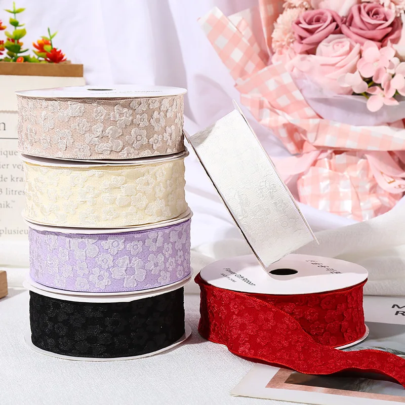 10Yards 3D Relief Flowers Rose Embroidery Ribbons for Diy Valentine\'s Day Bows Bouquets Gift Wrapping Sewing Clothes Materials