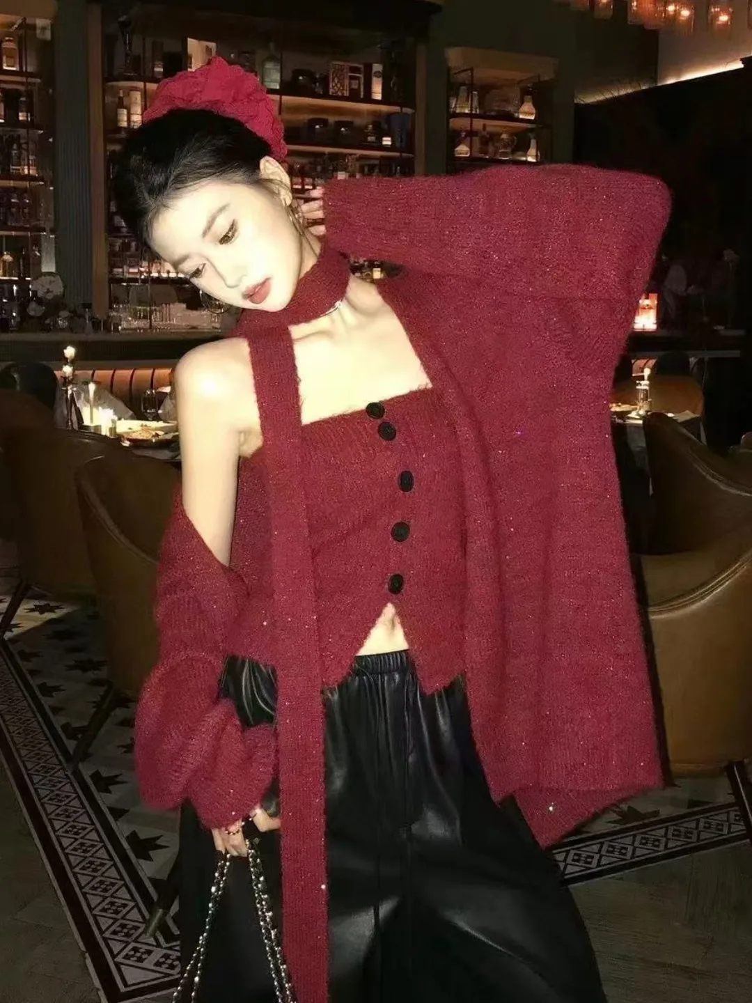 

Cisas Theme Women's Knitted Sweater Set Red Off-oulder Top Lazy Sle Autumn Winter Faion Casual Outfit All-In-One