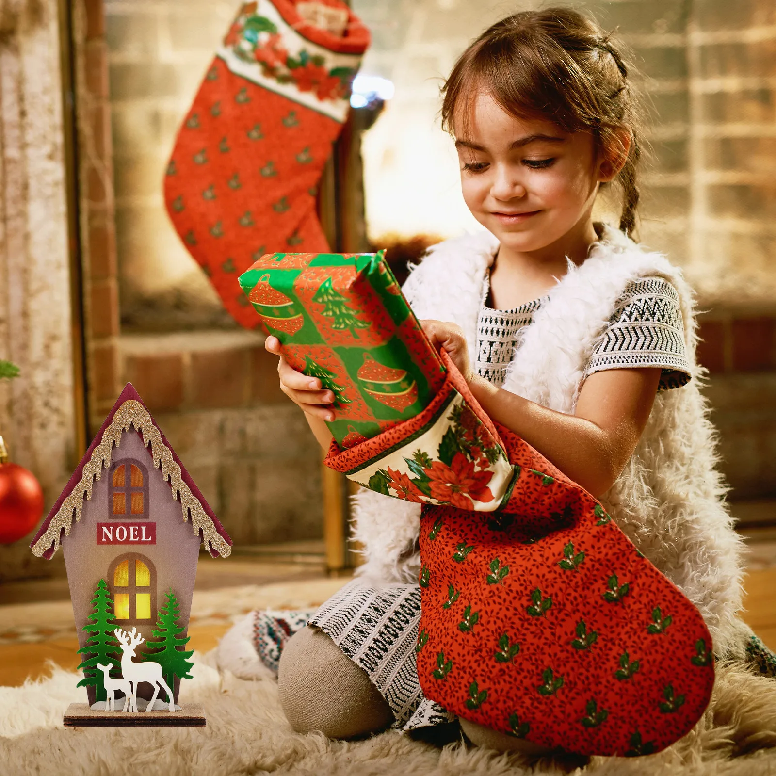 

Christmas Small Cabin 3D Lighted Village House Decor For Kids Xmas Tree Ornament Desktop Holiday Decoration Gift