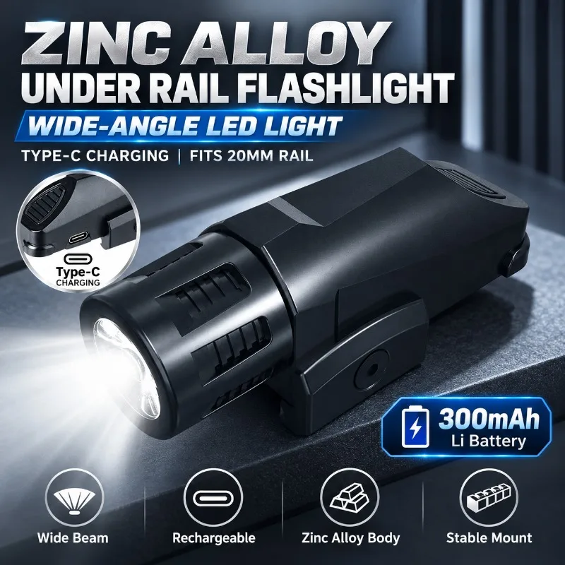 Zinc Alloy Under Rail Flashlight Wide Angle LED Light Type-C Charging Hobby Model Lighting Accessory Fits 20mm Rail