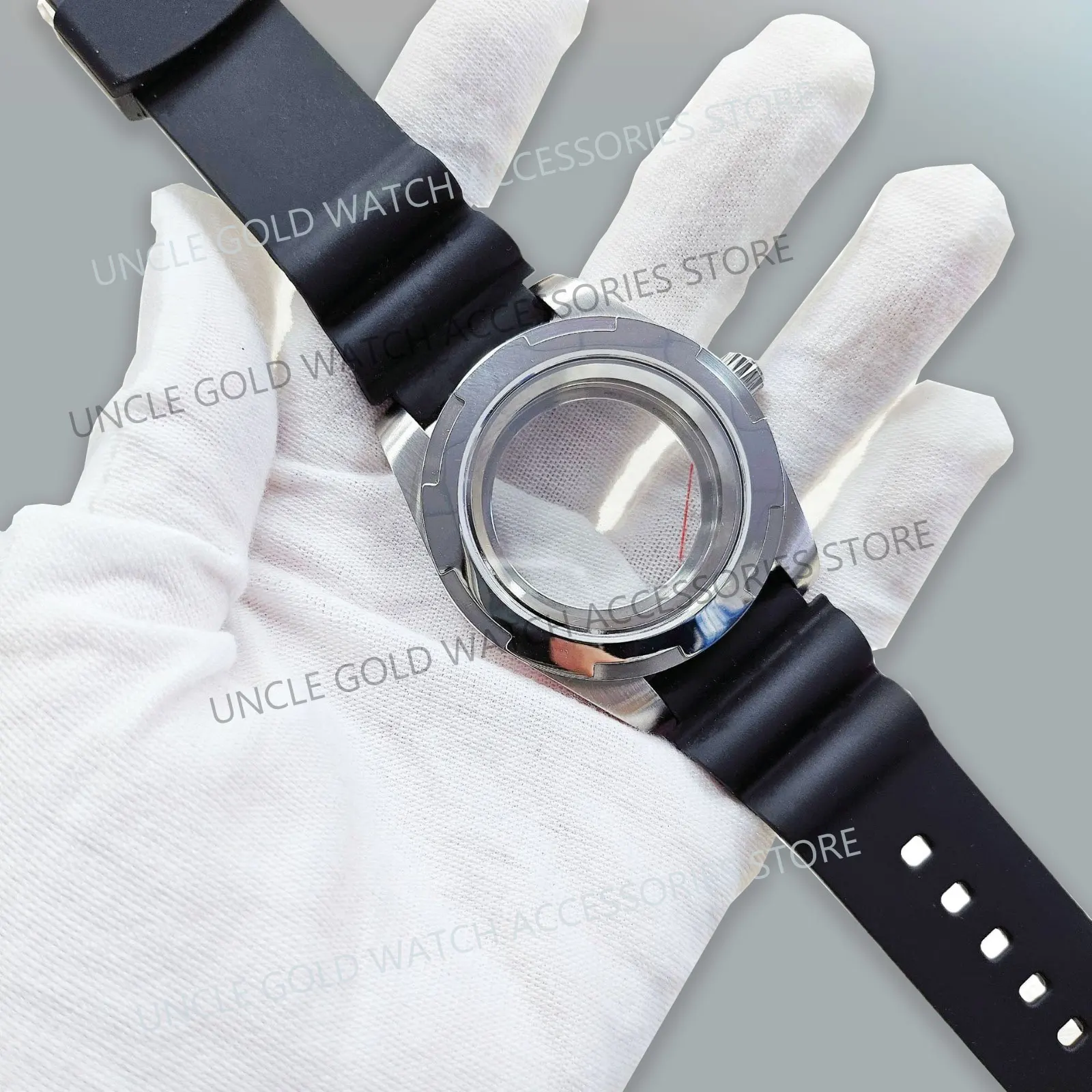 41mm Watch Case Sliver sapphire glass Transparent bottom Case with Black Strap Magnifying glass with date for NH35/NH36 Movement