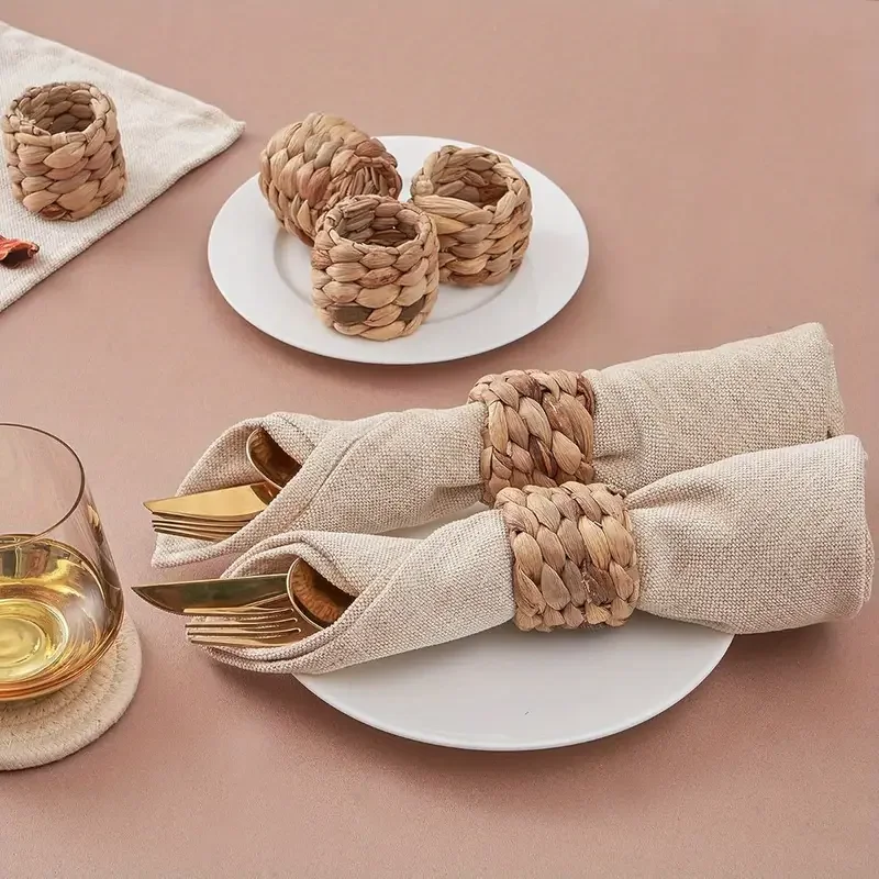1-12PCS Rustic Farmhouse Beach Style Napkin Rings Handmade Woven Rattan Hyacinth Boho Napkin Holders for Wedding Christmas