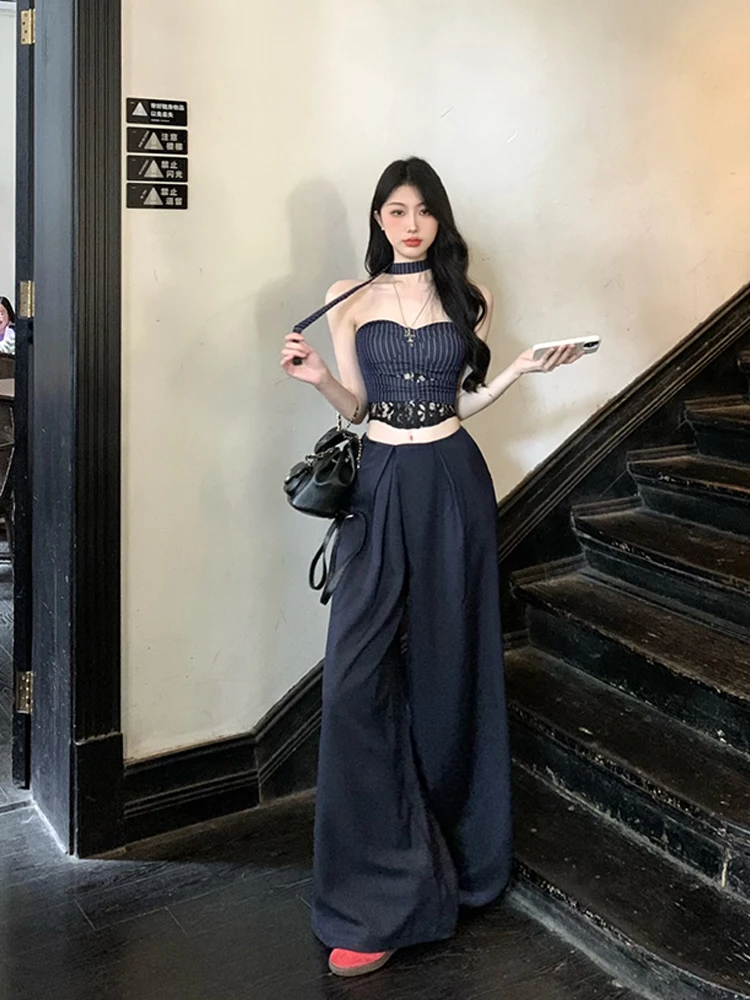 

Streetwear Lace Patchwork Striped Sexy Camisole + Pleated Loose Casual Wide Leg Pants 2025 Summer New Fashion Two-piece Set