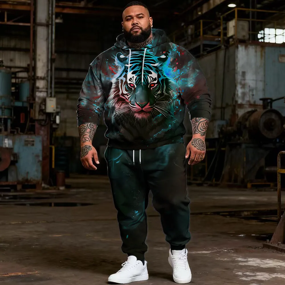 

S-9xl plus size Big & Tall Men's 2-Piece Hoodie Set - Trendy Tiger Details, Breathable Material, Bold Tiger Designs,