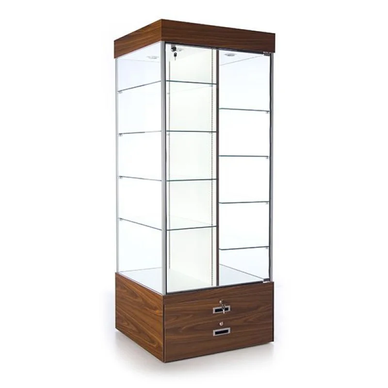 custom.KEWAY Double Sided Glass Display Tower with 2 Storage Drawers Glass Showcase with LED Side Spotlight