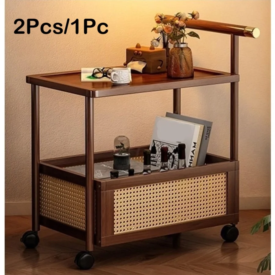 

2 шт./1 шт., Современный мобильный приставной столик с золотыми акцентами, деревянная тележка для чая в ретро-стиле, практичная полка, коричневая рама из твердой древесины, простая сборка