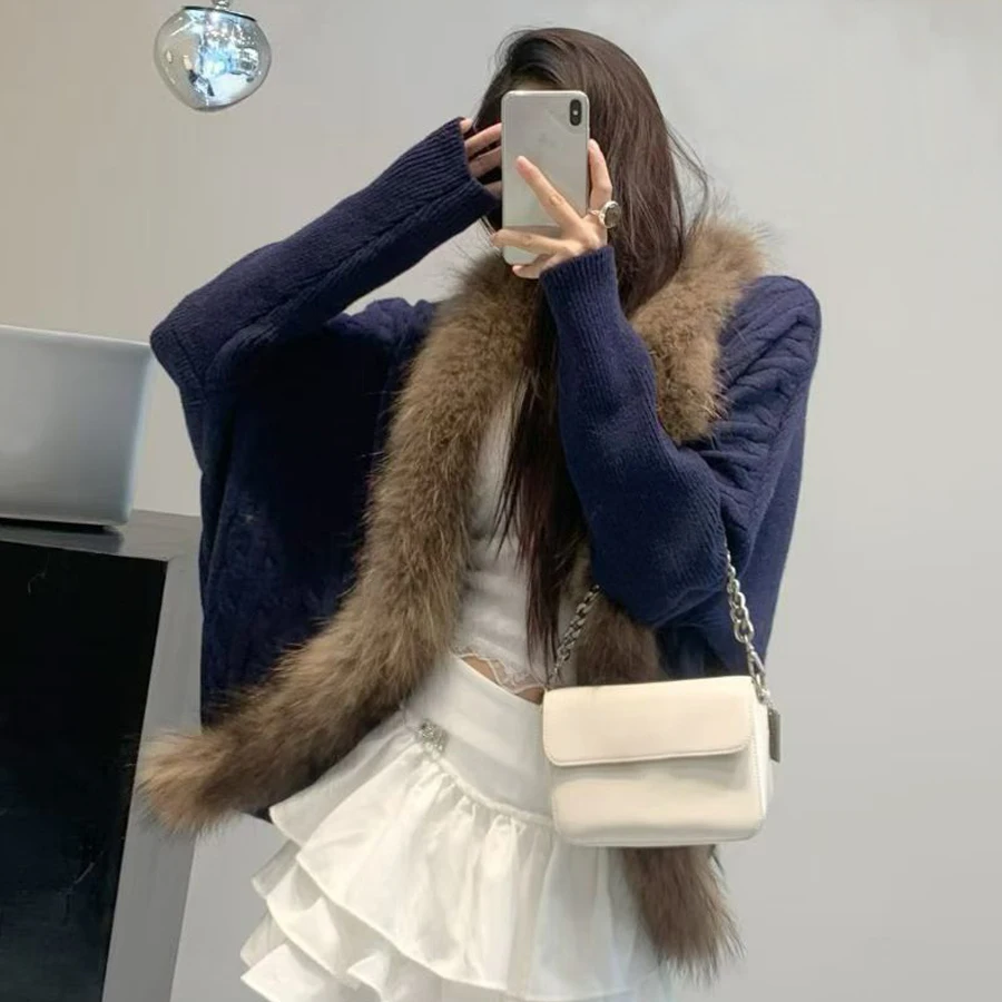 هوديي حقيقية الراكون الفراء طوق البلوزات للمرأة سترة الكشمير المعنقة الخريف الشتاء نمط جديد سترات من فراء الكشمير