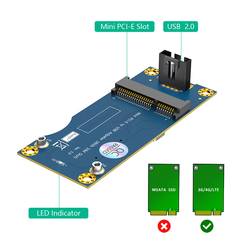 Mini PCIE naar USB 2.0 Adapter + SIM-kaartsleuf voor WWAN/LTE Module Mini PCI Express naar USB Riser Board met 9Pin Kabel voor Desktop