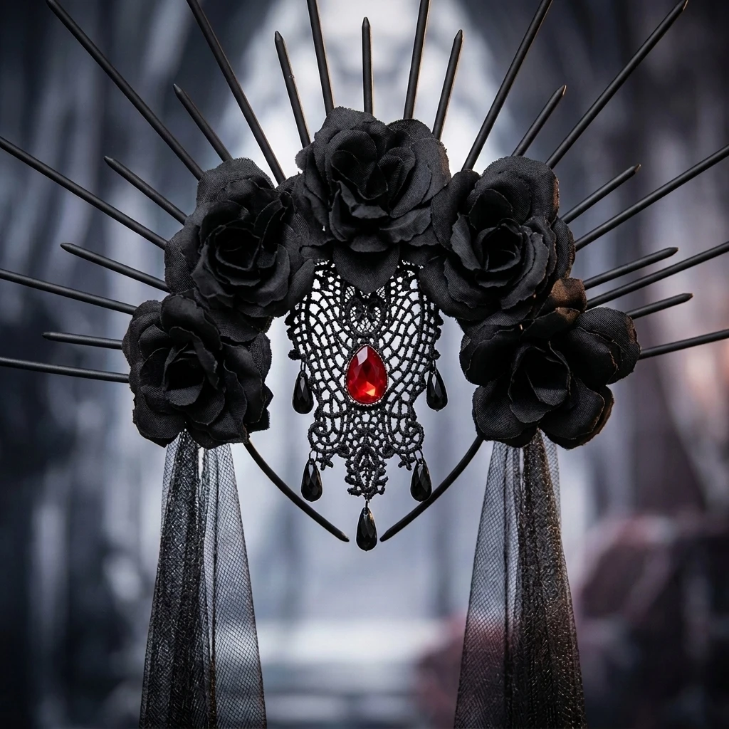 Gotische Rosenkrone mit schwarzen Stacheln, Tiara, Schleier, Halloween-Kostüm, Haardekoration, Dunkle Königin, Cosplay, Maskerade-Party für Frauen, Erwachsene, Abschlussball – Detail 6