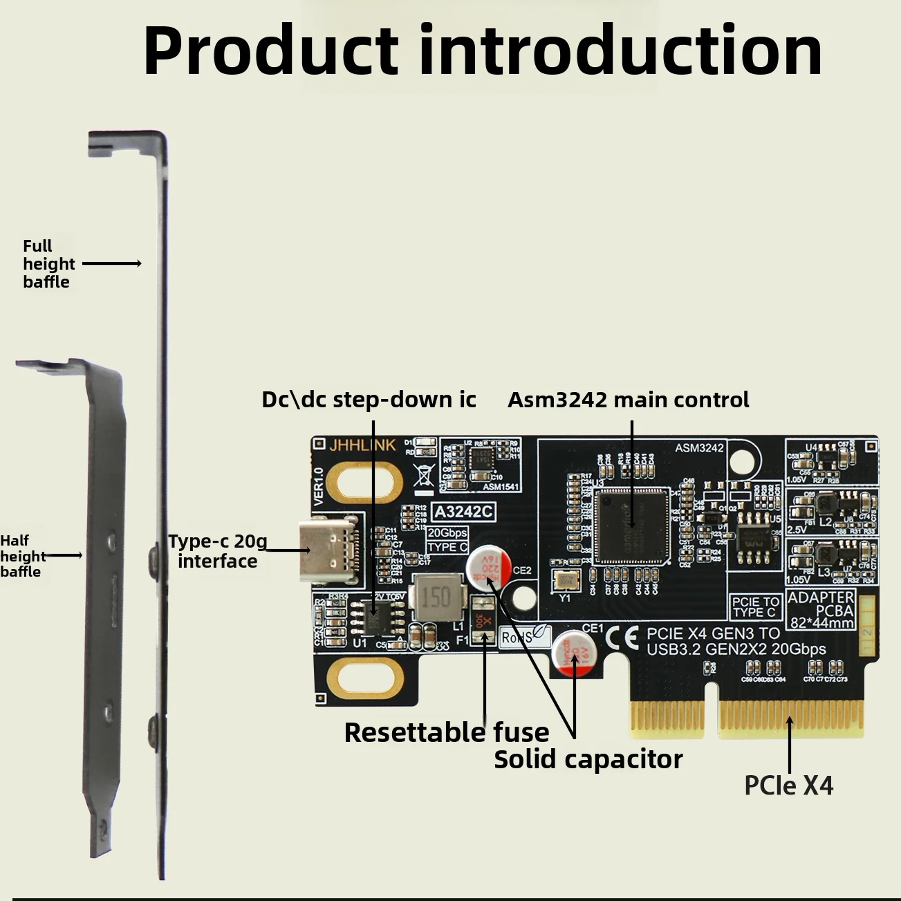 20Gbps PCI‑E 3.0 X4 To USB3.2 Gen2x2 Rear Type‑C Expansion Card ASM3242 Chip SATA 15Pin Power Motherboard PCIe Add‑on Adapter
