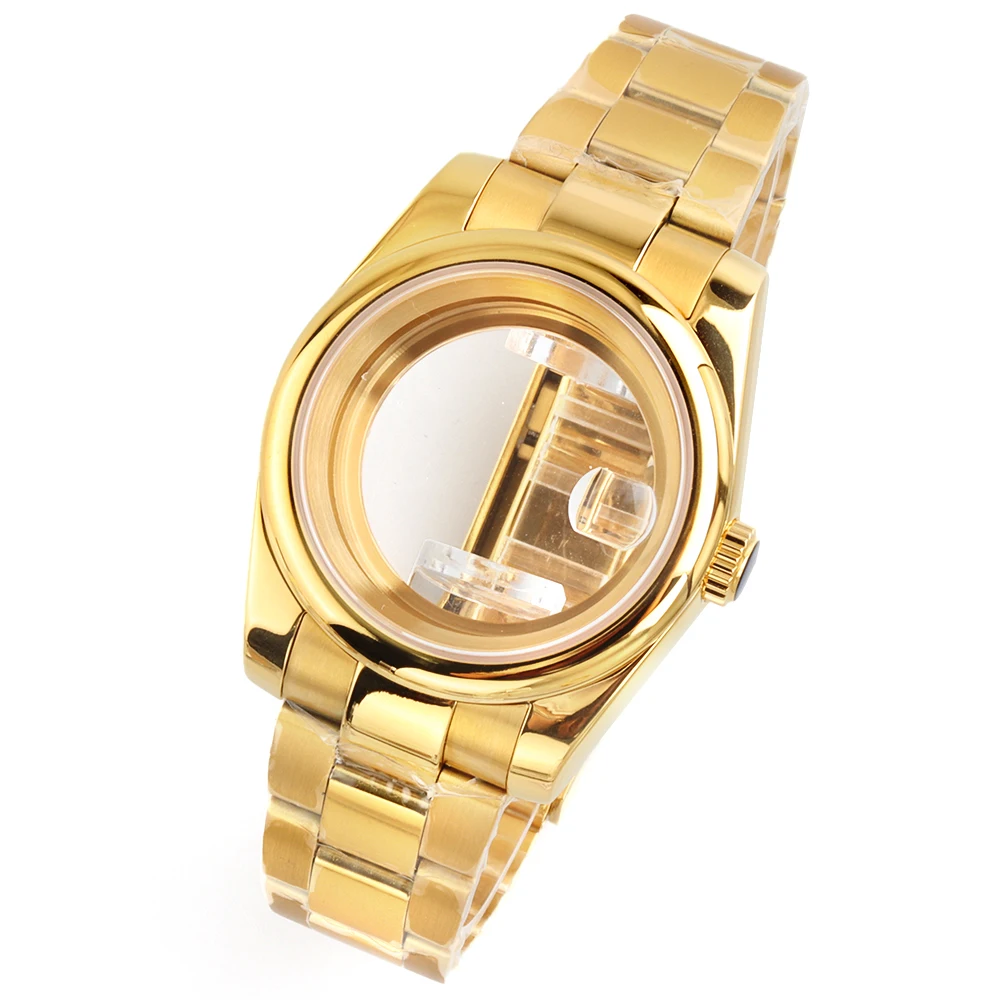 

Round Edge 36mm 39mm NH35 Gold Watch Case Sapphire glass For Seiko NH35 NH36 Movement 28.5mm Dial Stainless Steel Oyster Strap