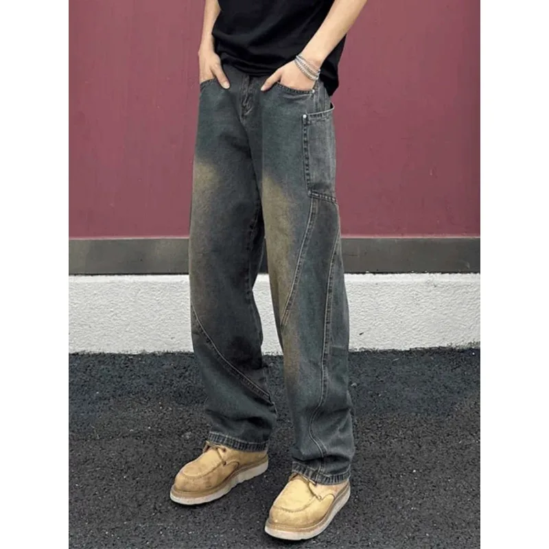 Men Vintage Washed Jeans Irregular Seam Loose Wide Leg Denim Pants