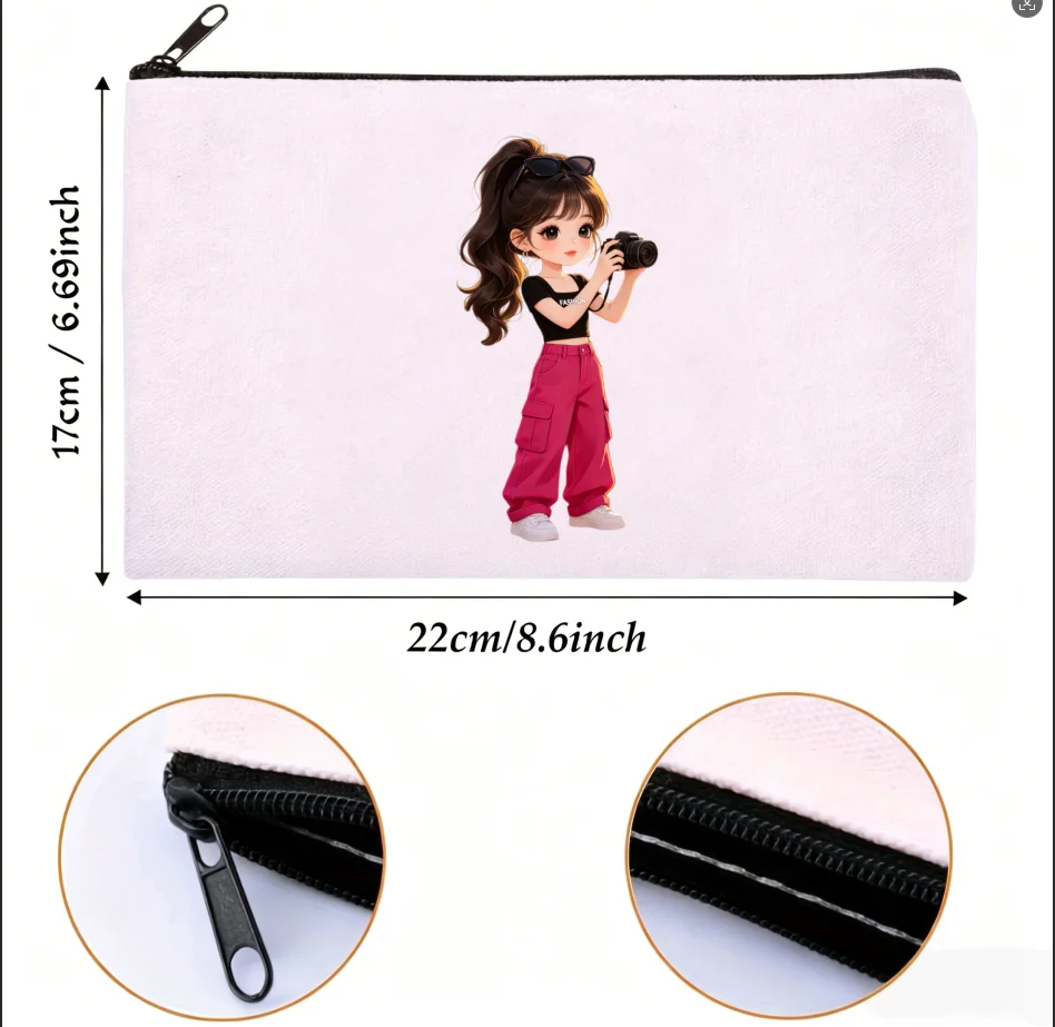 1PC Double-Side Printed Fashion Girl Holding Camera Canvas Makeup Storage Zipper Bag