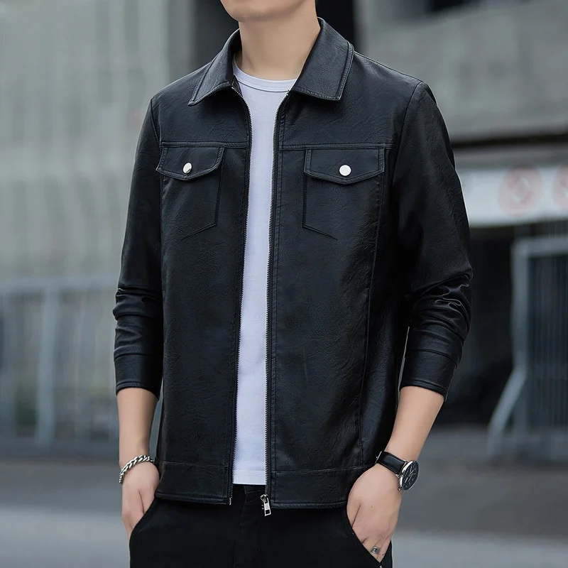 

Men's Bla Leather Jaet 2026 Spring New Sle Trendy Loose Motorcycle Jaet Outerwear Casual Faion Polyester Co...