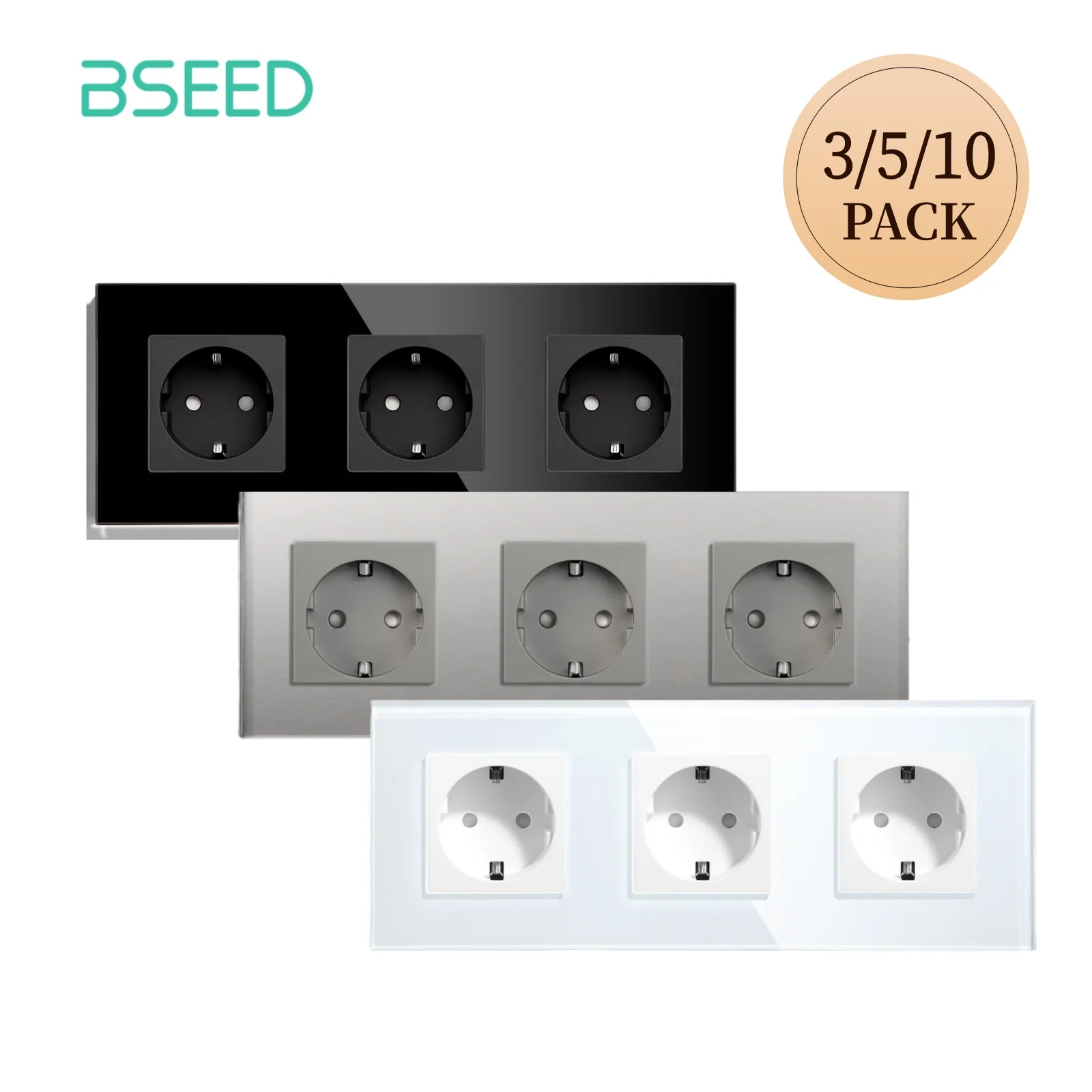BSEED EU-Standard-Wandsteckdose mit Glasrahmen, 16 A, dreifache Steckdosen, 228 mm, für Zuhause, Büro, Schlafzimmer, Steckdose, 3 Farben