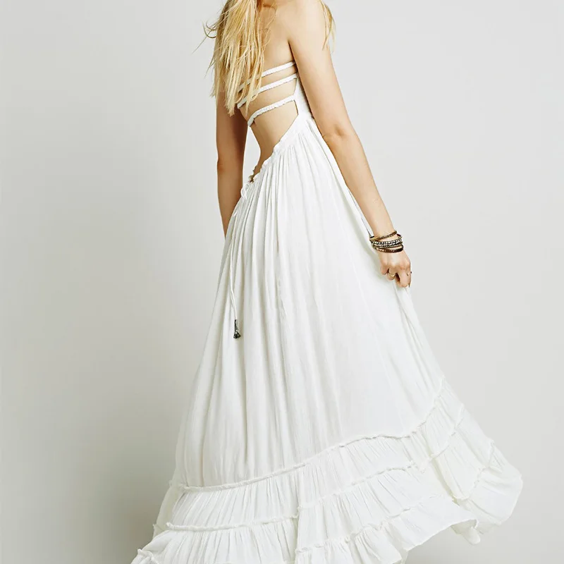 Solid Beach Women's Summer Long Dress Sexy Boho Sundress Ladies Bohemian Holiday Backless Party Hippie Maxi Dresses Vestidos