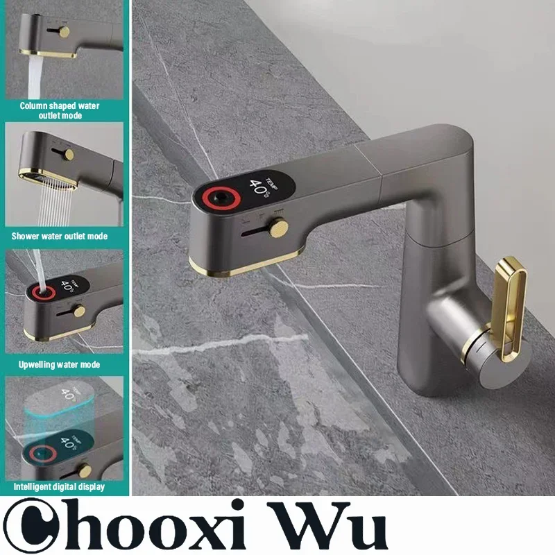 

CHOOXIWU - Multifunctional Bathroom Faucets Pull Out Basin Mixer Sink Faucet LED Temperature Tap Tapware Crane Brass Grey