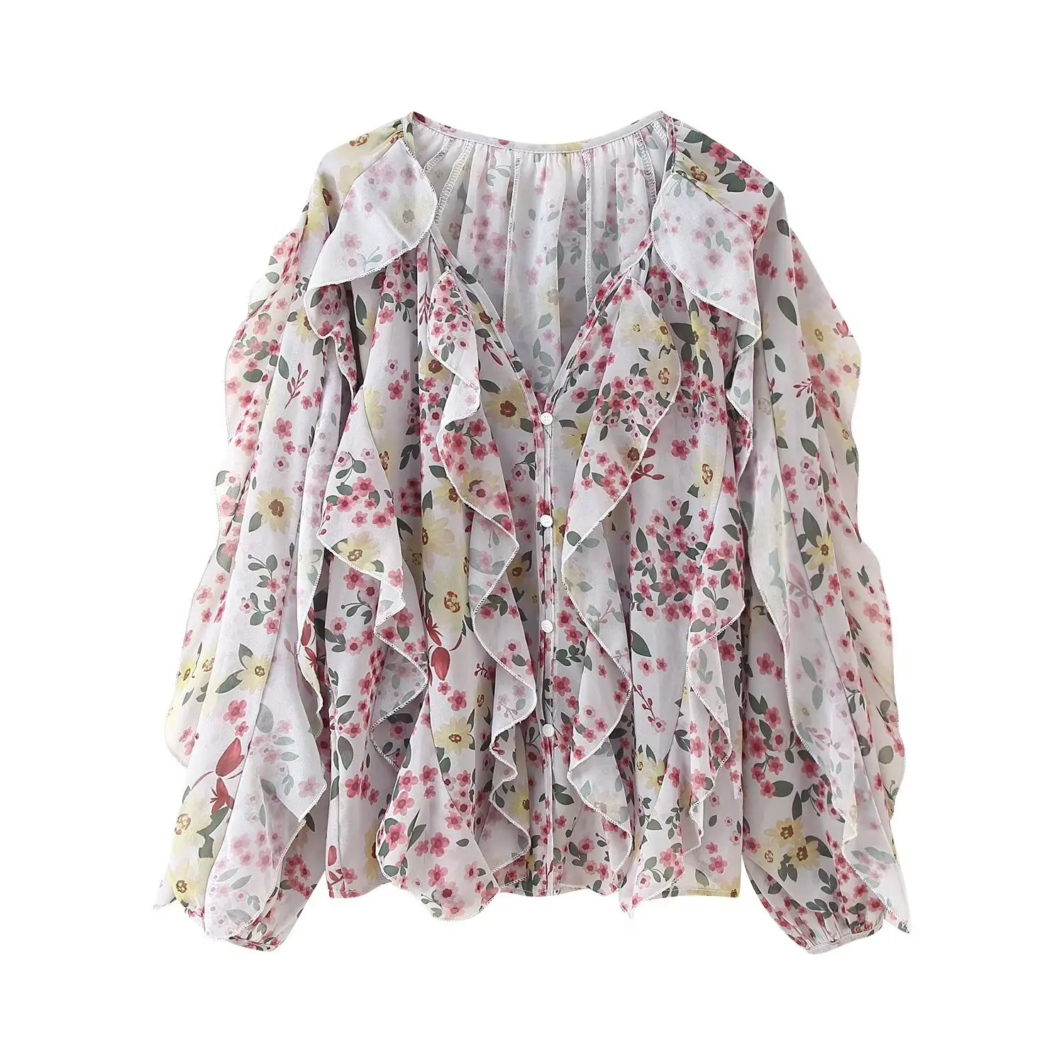 2025 primavera outono nova moda gola arco feminino casual camisa de manga longa versátil cor sólida feminino plissado borda blusas