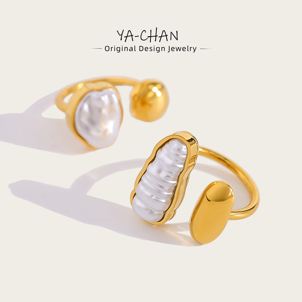 

YACHAN Chic Irregular Pearl Stainless Steel Open Rings for Women Charm Luxury 18K Gold Plated Tarnish Free Jewelry