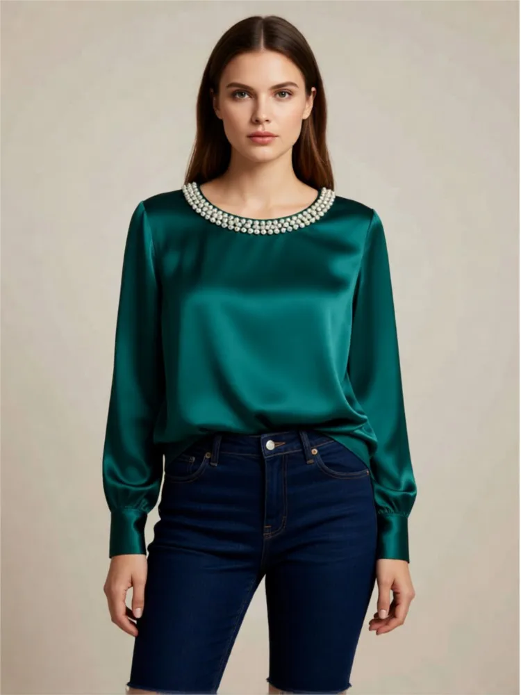 

Elegant Solid Satin Women's Top Spring Autumn Fashion Pearl O-Neck Design Loose Shirt Ladies Foreign Style Long Sleeves Blouses