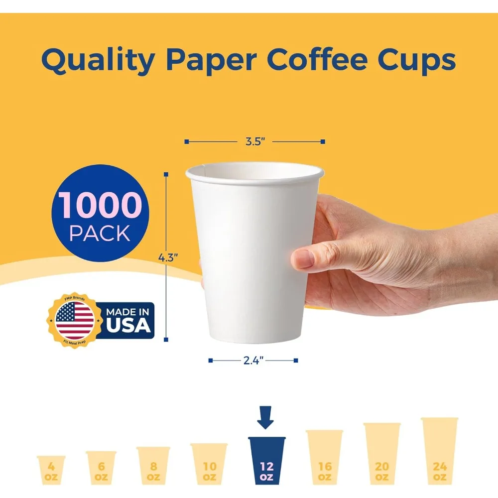 Одноразовые бумажные кофейные чашки, упаковка 1000 шт., утолщенные чашки премиум-класса для горячих или холодных напитков, прочные бумажные стаканчики на 12 унций на каждый день
