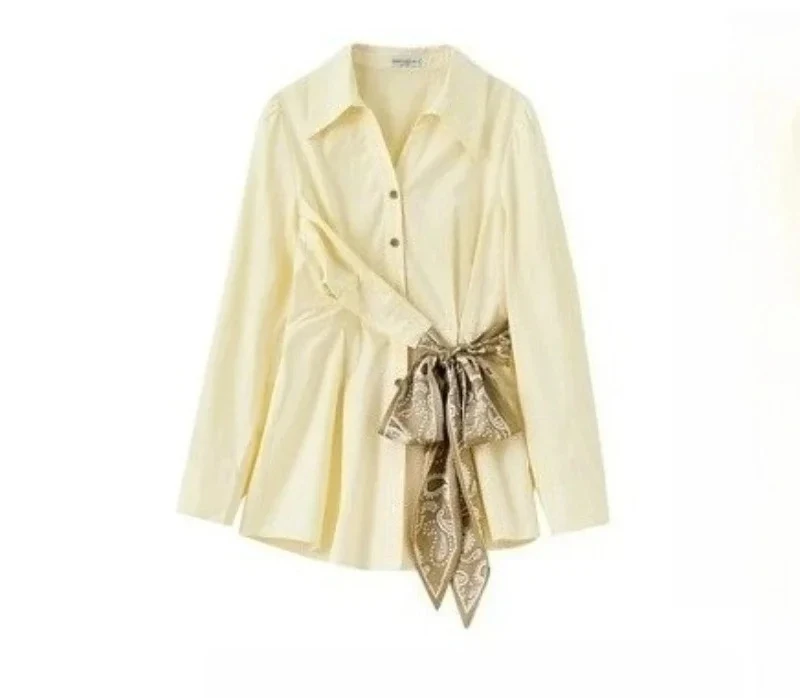 Sentubila 100% algodão feminino cachecol cinto camisa outono 2025 cintura polo pescoço elegante commuter blusa manga longa topo w53ca2860