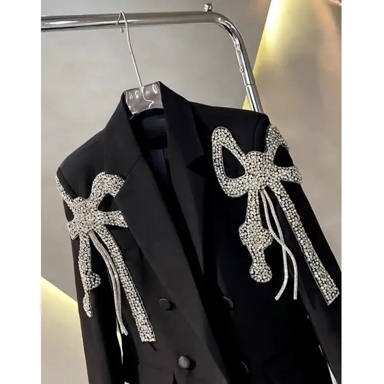 Women Bow Diamonds Beaded Black Blazer Coat Turn Down Collar Drilling Suits Jacket OL Crsytal Cardigan Crop Tops Chaqueta