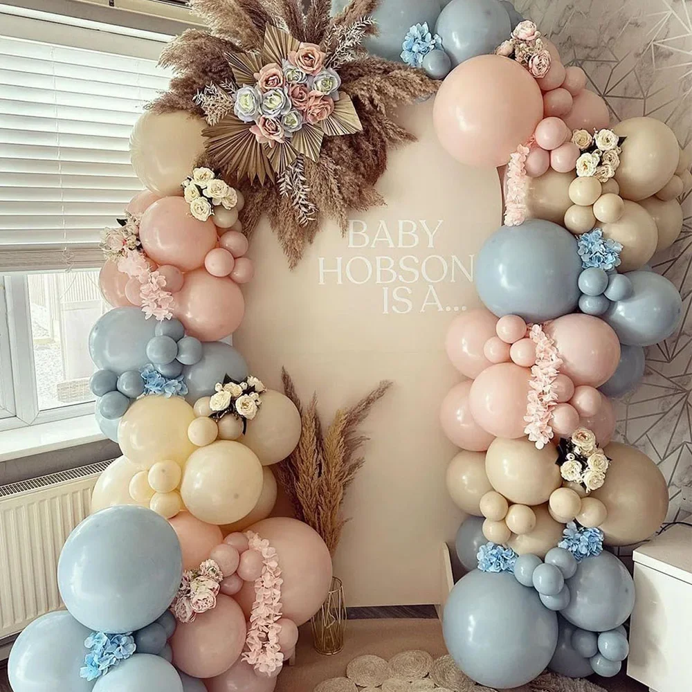 Kit de guirlande d'arche de ballons de révélation de sexe de 122 pièces, rose poussiéreux, bleu brumeux, blanc, ballons de sable pour décorations de fête prénatale bohème neutre