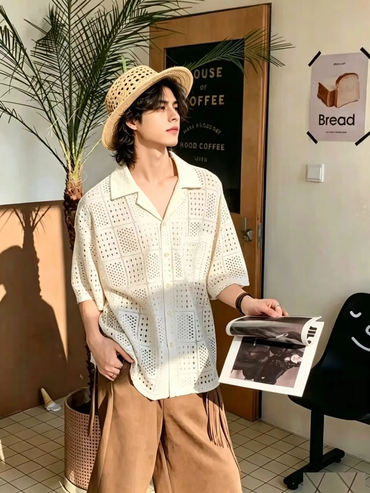 2026 Summer Men's Cuban Collar Hollow out Loose Fit Thin Short Sleeve Breathable Sunscreen Knitted Shirt Casual Style Top