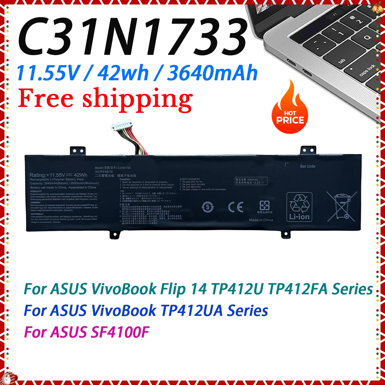 

C31N1733 Аккумулятор для ноутбука ASUS VivoBook Flip 14 TP412UA TP412U TP412FA SF4100F VivoBook Flip 14 TP412UA-DB31T Аккумулятор Asus