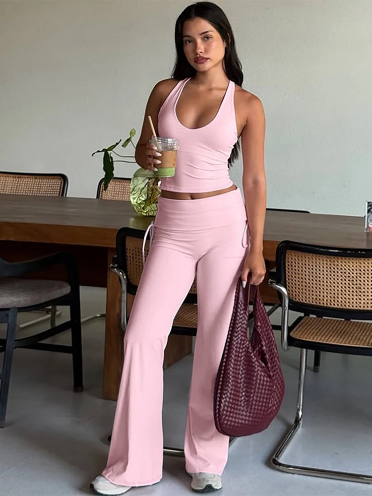 

Trendix Pink Cropped Tank Top Two Piece Sets Women Fashion High Waist Wide Leg Pants Suits Autumn Slim Sports Pants 2 Piece 2025