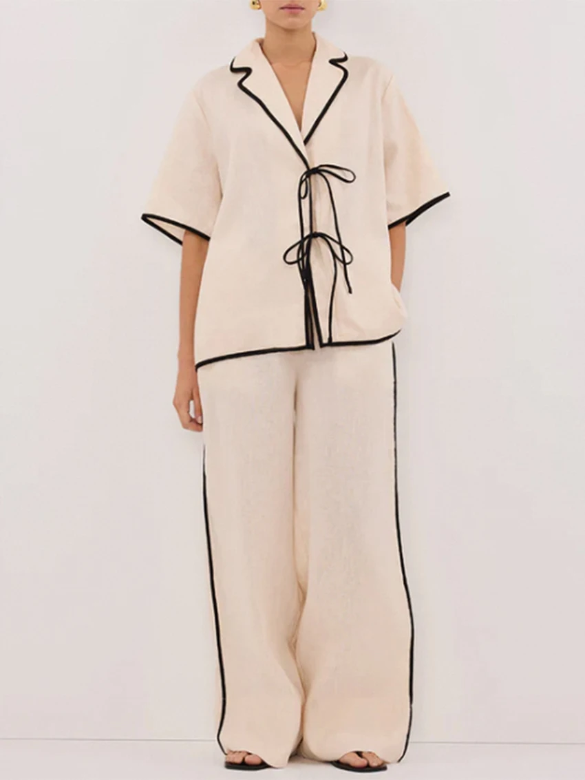 

WXOY Women Linen Preppy Pjs Pajama 2 Piece Set Comfy Short Sleeve Tie Front Top Wide Leg Pants Relaxed Fit Loungewear