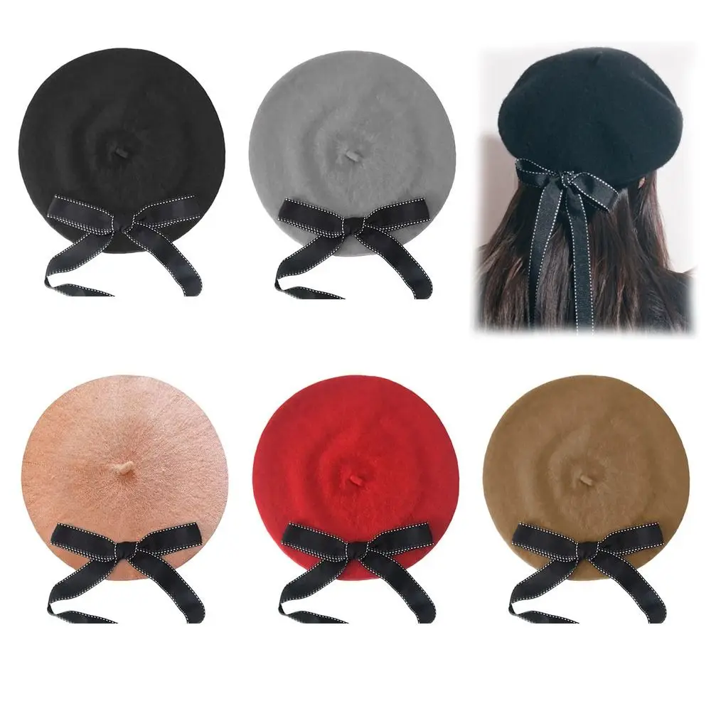 Fashion Beret Caps for Women Soft Bow Elegant French Artist Warm Winter Beanies Hat Headwear Beret Hat With Bowknot