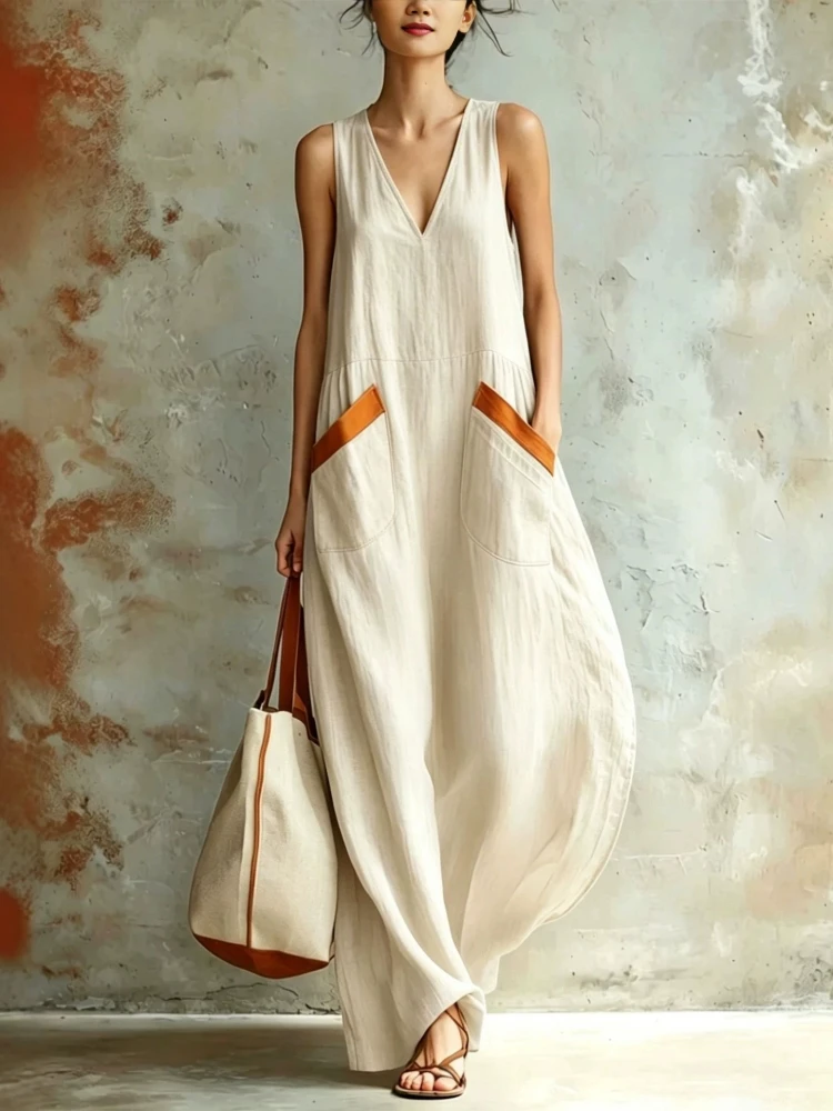 Women Boho Sleeveless Maxi Dress Deep V Neck Flowy Long Tank Dress Summer Casual A-line Loose Color Blocking Pockets Dresses - view 3