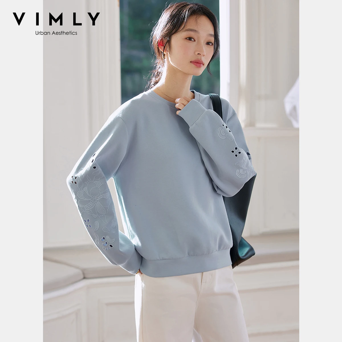 

VIMLY Crew Neck Sweatshirt Women Spring 2025 Embroidered Hollow Out Loose Long Sleeve Top Female Pullover Woman Clothes A0685
