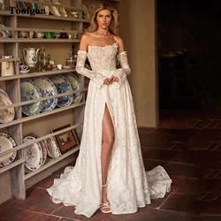 Toofgon Beach Full Lace Wedding Dresses For Bride Long Sleeves Leg Slit Flowers Wedding Gowns Princess Bridal Gowns Customized