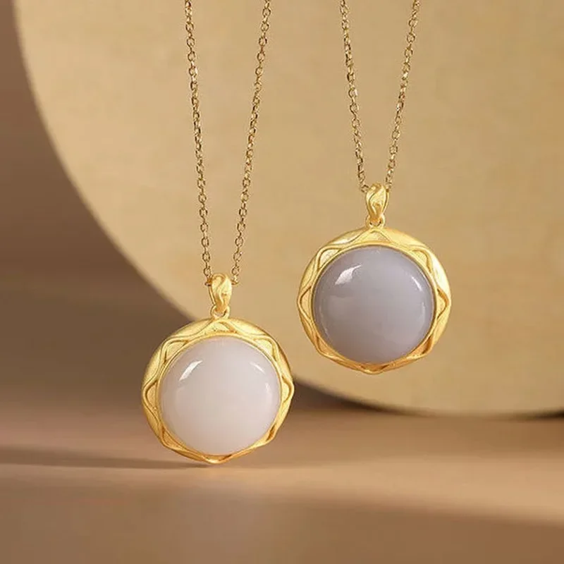 New Style Inlaid Natural Hetian Purple Smoke Jade Pendant Round Necklace Vintage Elegant Ladies Jewelry Accessories