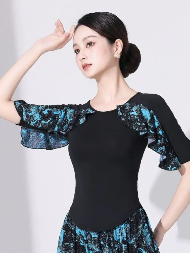 Women Printed Latin Dance Top Floral Cascade Ruffles MId Sleeves Slim Fit Salsa Bachata Performance Wear Stretch Breathable