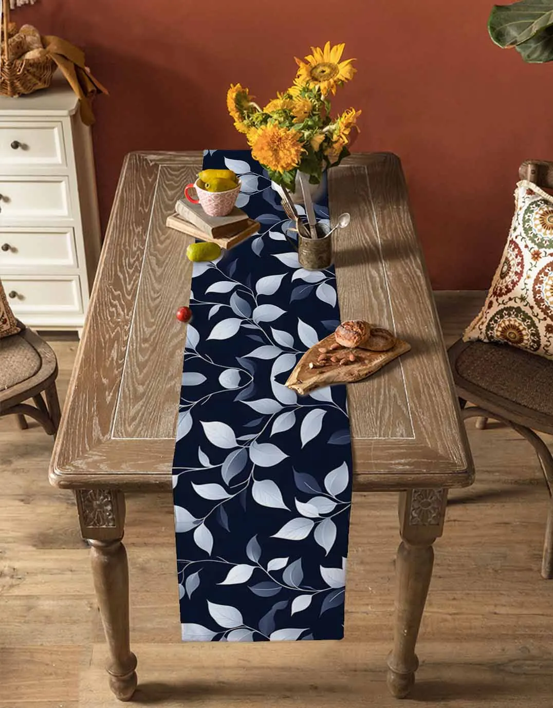 

Indigo Leaf Texture Plant Table Runner Wedding Decor Holiday Dining Table Decor Linen Tablecloth