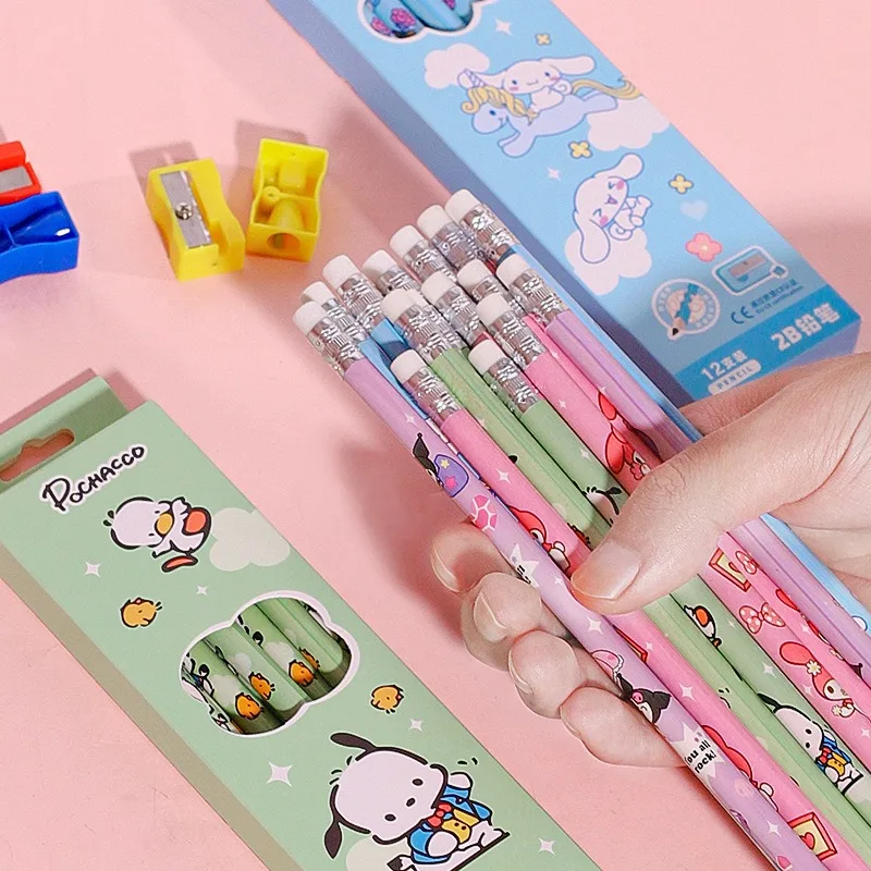 12Pcs Sanrio Boxed Pencils Anime Character Creative My Melody Cinnamoroll Kuromi Elementary School Students Wooden Sketch Pen