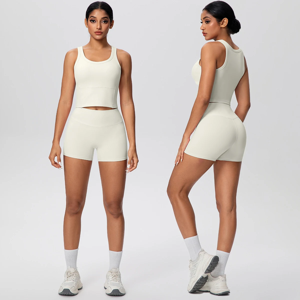 Woman Solid Color Quick Drying Breathable Yoga Set Naked Feel Yoga Underwear With Chest Pad Peach Buttocks Fitness Shorts Set