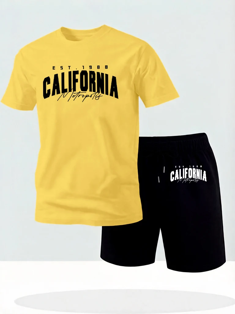 

California Metropolis Est.1988 Printed Cotton Breathable Street Clothing For Man Sets Summer Simple T Shirt Pocket Loose Shorts