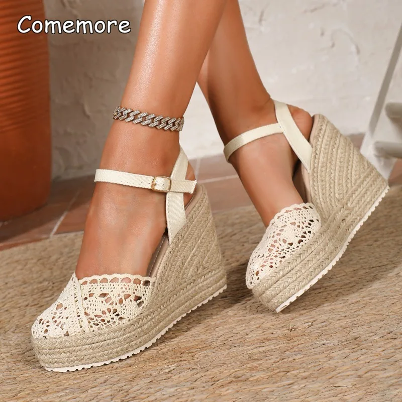 Sandalias de Plataforma con Cuña de Esparto para Mujer, Zapatos de Playa de Verano, Estilo Bohemio, Tejidas a Crochet, Transpirables, Casuales