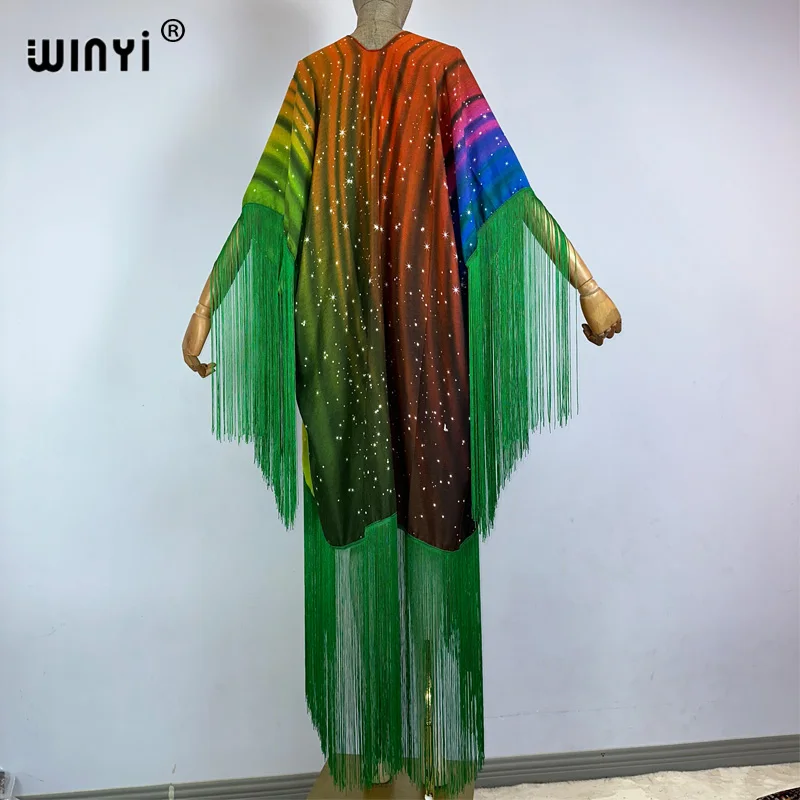 Winyi Kimono Zomer Boho Print Bikini Cover-Up Elegant Mode Vest Sexy Vakantie Lange Mouw Kwastjes Maxi Jurk Mode Jas