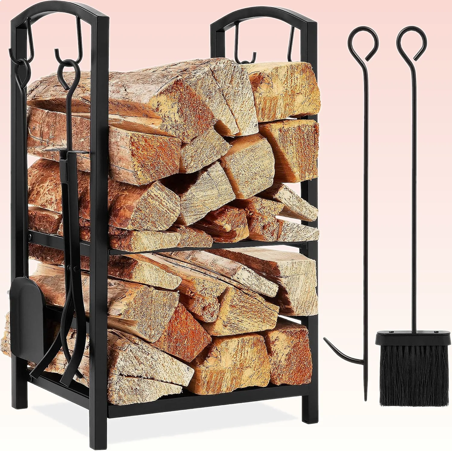 5-Piece Wrought Iron Firewood Log Storage Rack Holder Set with Firepit Tools, Hook, Broom, Shovel, Tongs - Black