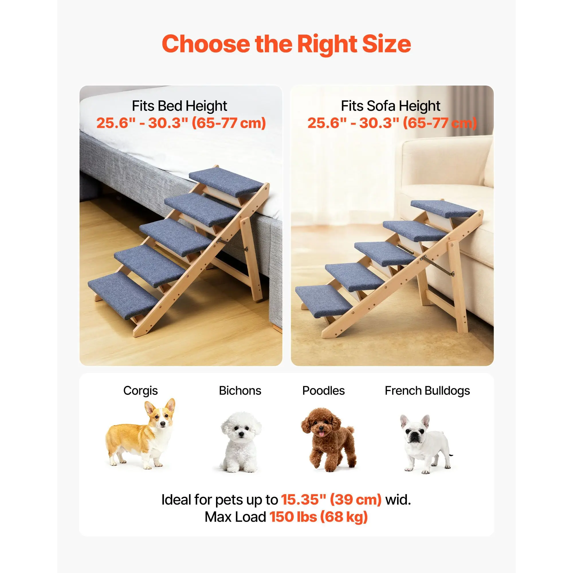 Wood Pet Stairs, 5-Step Dog for Beds, Sofa & Cars, 150lbs Load Capacity, Floded Flat Design, Stable & Sturdy Cat & Ladder Small