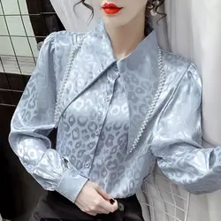 Women Clothing Chic Printed Solid Blouse Spring Autumn Long Sleeve Korean Fashion Loose All-match Shirts Offcie Lady Pearl Tops