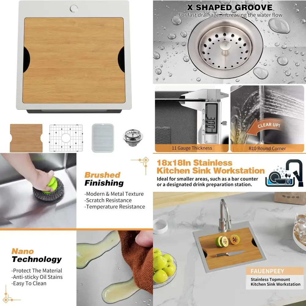 

Stainless Steel 18x18 Inch Single Bowl Bar Sink with Built-in Ledge for Small Topmount Workstation Kitchen Sinks